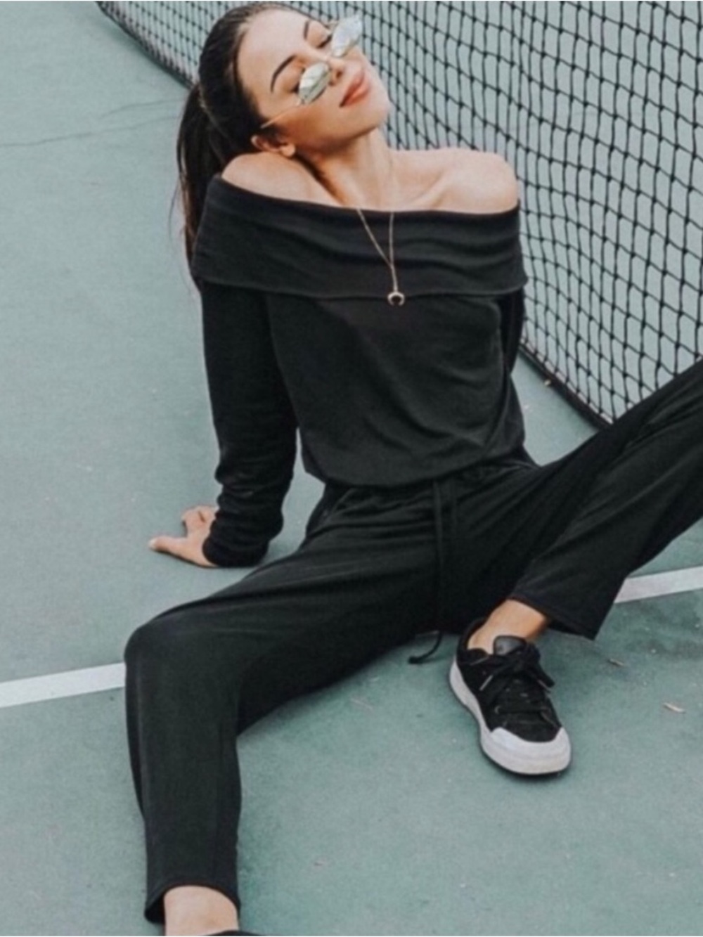 Fabletics Women’s Black Solid Off-Shoulder Long Sleeve Jumpsuit Pockets L